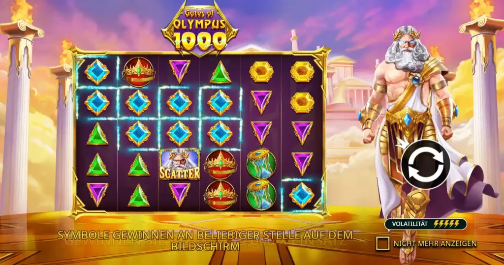 Romibet Casino Gates of Olympus 1000 im Demo Modus mit Slot Spieloberfläche