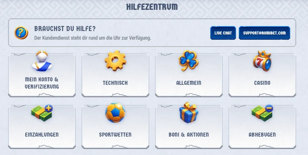 Romibet Casino Hilfezentrum mit Kategorien wie Konto, Einzahlungen und Support