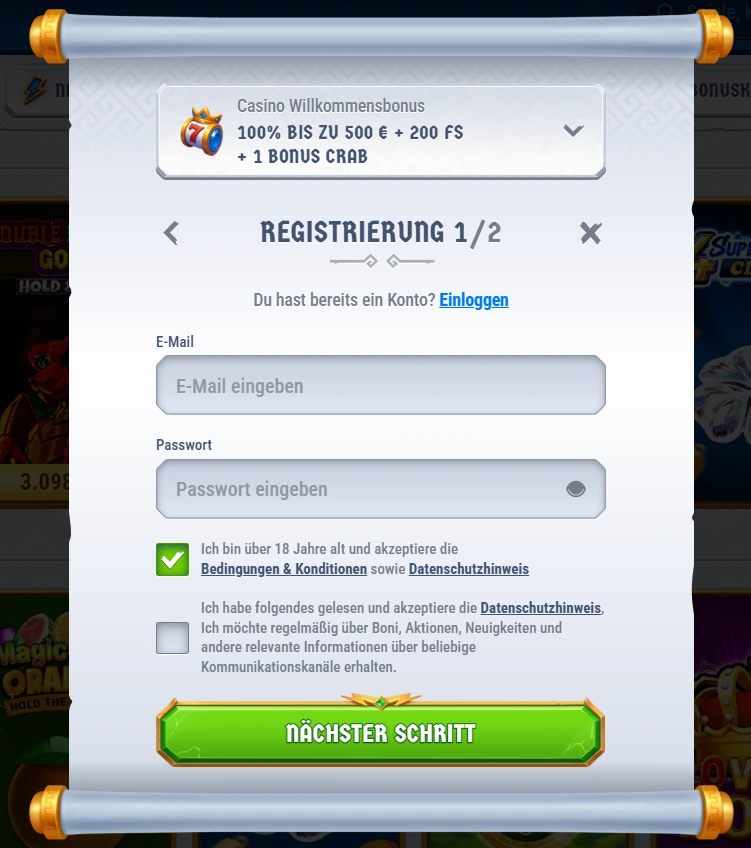 Romibet Casino Registrierungsformular mit Willkommensbonus und Eingabefeldern