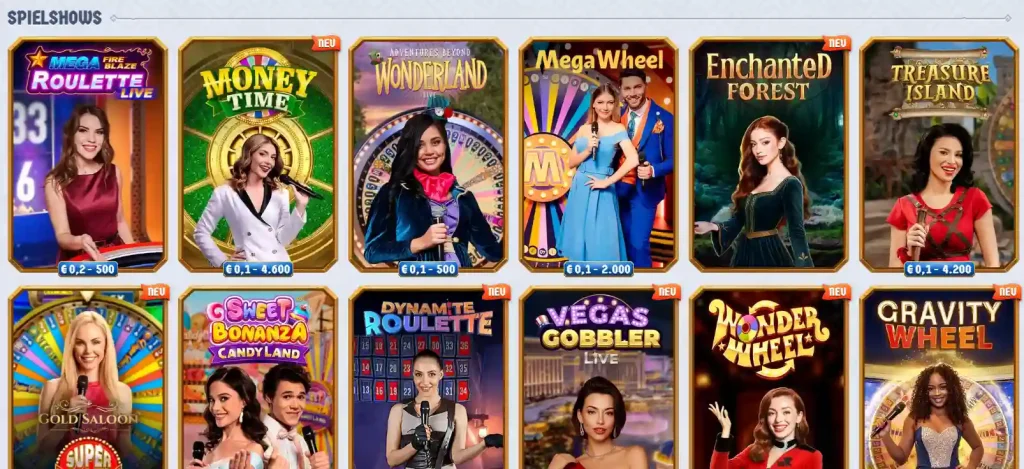 Romibet Casino Spielshows Auswahl mit Live Games wie Money Time und Mega Wheel